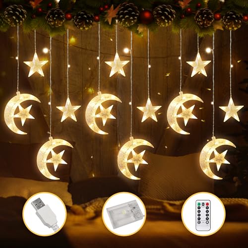 FemKey LED Lichterkette Ramadan, 3.5M Lichtervorhang Fenster Innen USB/Batterie, LED Weihnachtsbeleuchtung Stern Mond Islamischer Stil Warmweiß (MOON) von FemKey