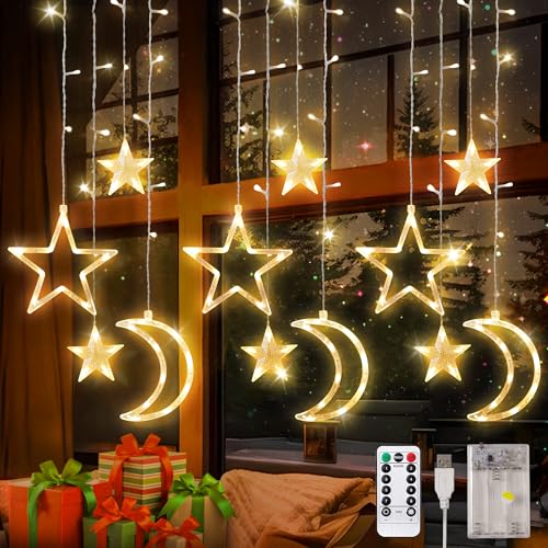 FemKey LED Lichterkette Ramadan, 3.5M Lichtervorhang Fenster Innen USB/Batterie, LED Weihnachtsbeleuchtung Stern Mond Islamischer Stil Warmweiß von FemKey