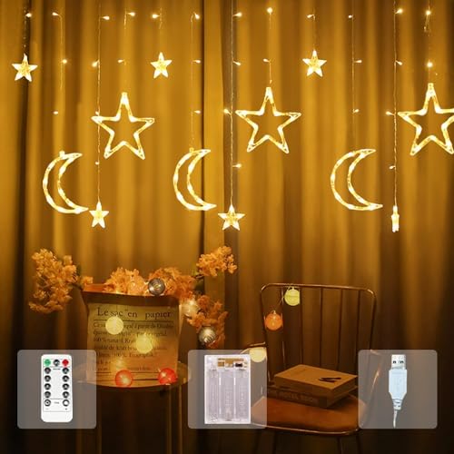 FemKey LED Lichterkette Ramadan, 3.5M Lichtervorhang Fenster Innen USB/Batterie, LED Weihnachtsbeleuchtung Stern Mond Islamischer Stil Warmweiß von FemKey