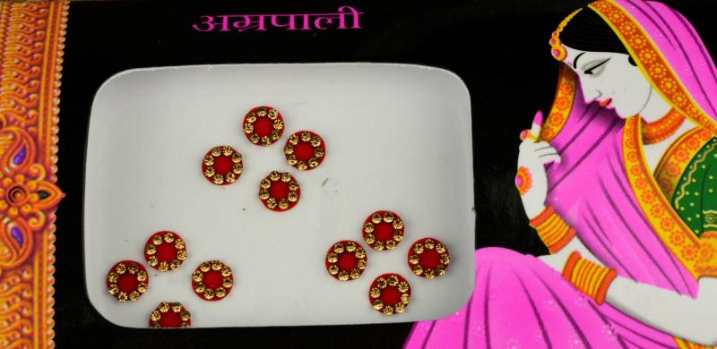 Premium Rote Farbe Runde Goldene Bindis, Braut Bindis, , Gesicht Bollywood Traditionelle Selbstklebende Aufkleber, Weihnachtsgeschenk von FeminaDeals