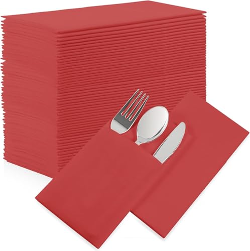 50 Stück Taschenservietten, vorgefaltete Airlaid-Papierservietten mit Leinen-Haptik, mit integrierter Bestecktasche, für Abendessen, Hochzeit, Party oder den täglichen Gebrauch (rot) von FengQingHuaGG