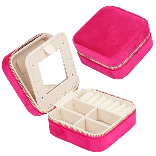 FengQingHuaGG Reise-Schmuckschatulle, klein, wasserdicht, Schmuck-Organizer, für Ringe, Ohrringe, Halsketten, Armbänder, Schmuckgeschenk für Frauen und Mädchen (Rosa, Rot) von FengQingHuaGG
