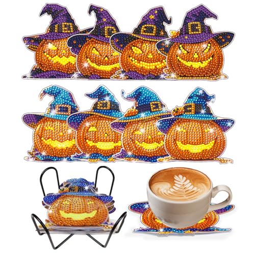 8 Stück Halloween Diamant Kunst Untersetzer Set mit Halter, Kürbis Diamond Painting Serviertablett, Diamond Painting für Tassen, Weingläser, Vasen und Heimküche, Halloween Deko Kinder von Fengguock