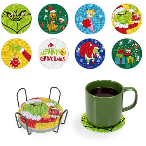 8 Stück Grinch Christmas Diamant Kunst Untersetzer Set mit Halter, Diamond Painting Serviertablett, 5D Untersetzer Diamond Painting für Tassen, Weingläser, Vasen und Heimküche, Getränke Untersetzer 8 Stück Grinch Christmas Diamant Kunst Untersetzer Set mit Halter, Diamond Painting Serviertablett, 5D Untersetzer Diamond Painting für Tassen, Weingläser, Vasen und Heimküche, Getränke Untersetzer von Fengguock