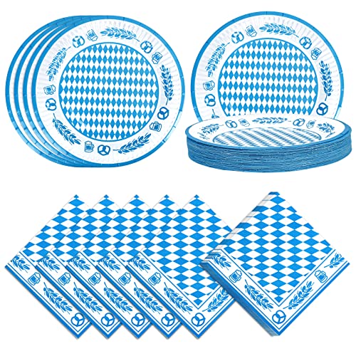 Fennoral 80 Stück Oktoberfest Tischdeko Set Bayern Papierservietten Teller Bayernraute Motiv Pappteller blau weiß für Oktoberfestparty Grillparty von Fennoral