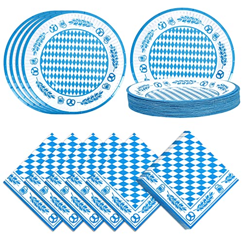 Fennoral 80 Stück Oktoberfest-Tischdeko Set Bayern Papierservietten Teller Bayernraute Motiv Pappteller blau weiß für Oktoberfestparty Grillparty von Fennoral