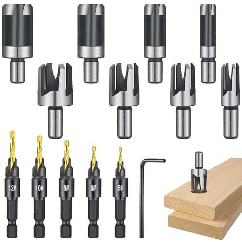 14 Stück Senkbohrer Holz Set, Kohlenstoffstahl 5 Bohrer mit Senker und 8 Zapfenbohrer, Holzbohrer mit Senker, Holzbohrer Set mit 1/4" Hex Schaft, Bohrer mit Sechskantschaft für Holzverarbeitung von Fentar