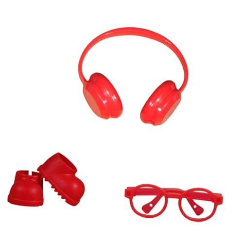 Fenteer Mini-Regenstiefel, Kopfhörer, Brille, Foto-Requisiten, Bequeme Anziehspielzeugpuppe, Kurze Schuhe für 6,69-Zoll-Puppe, Rot von Fenteer
