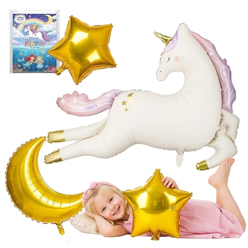 Einhorn-Ballon-Set (4 Stück) – 114,3 cm großer laufender Einhorn-Folienballon, 71,1 cm goldener Mond und 2 goldene Sterne – Geburtstagsparty-Zubehör, Hintergrunddekorationen von FenyGo