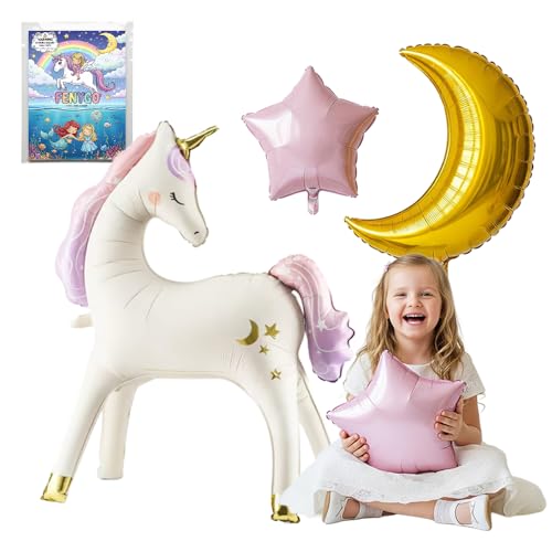 Einhorn-Ballon-Set (4 Stück) – 96,5 cm großer stehender Einhorn-Folienballon, 71,1 cm goldener Mond und 2 rosa Sterne – Geburtstagsparty-Zubehör, Hintergrunddekorationen von FenyGo