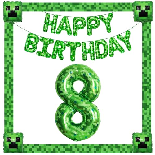 Grünes Pixel Folienballon-Set (2 Stück) - "Happy Birthday" Buchstabenballon Banner + 40 Zoll Nummer 8 Ballon - Partyzubehör mit passendem Seil & Strohhalm, Hintergrunddekorationen von FenyGo