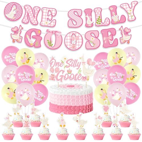 Fenyluxe One Silly Goose Geburtstagsdekoration – Rosa 1. Geburtstag & Babyparty Party Kit mit Banner, Tortenaufsatz, Cupcake Toppers & Luftballons – (Rosa) von Fenyluxe