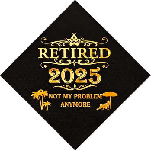 Party-Dekoration für Männer und Frauen im Ruhestand 2025. Happy Retirement Decorations Cocktail-Servietten, schwarz, 52 Stück, 12,4 x 12,4 cm gefaltet, "Not My Problem Anymore" von Fenyor7i