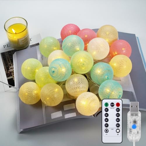 Baumwoll Kugeln Lichterkette Kinderzimmer, 4.8m 20 LED USB Dimmbar Cotton Ball Lichterkette mit Fernbedienung und Timer, LED Kugeln Lichterkette Innen für Kinderzimmer Weihnachten Hochzeit Party von Feolaviy