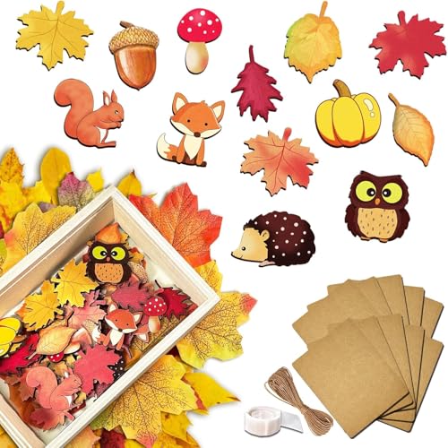 60 Stück Streudeko Herbst Holz, Waldtiere Tischdeko Geburtstag, Blätter Tiere Holzscheiben, Holztiere zum Bemalen für DIY Handwerk Scrapbooking Hochzeit Geburtstag Weihnachtsdeko, 4 Model von Ferakum