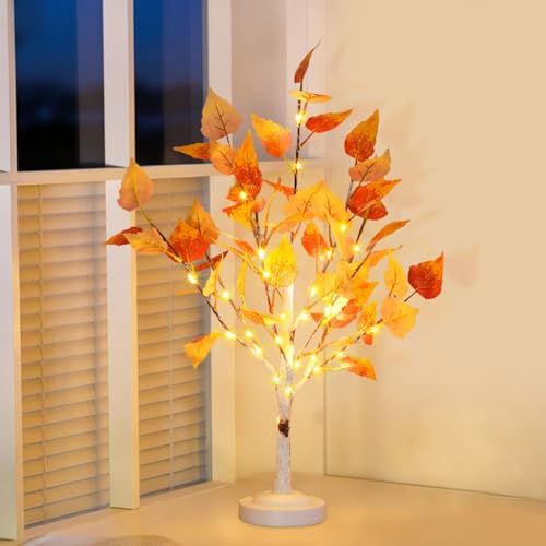 Ferakum Herbstdeko Ahornblatt LED Baum Lichter 60cm Herbst Deko Lichterbaum mit 24 Warmweiß LEDs Batteriebetrieben USB-Kabel Für Herbst Weihnachten Tisch Dekoration (B) von Ferakum