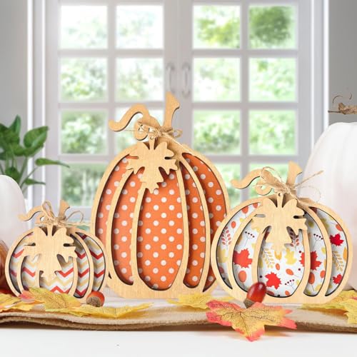 Ferakum Holz Kürbis Ornament, 3 Stück Set Herbstschmuck Thanksgiving Holzkürbis Tischdekoration Innen Deko aus Holz für Zuhause Fensterbank Esstisch Erntedank Herbstaccessoires (A) von Ferakum