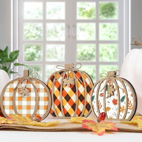 Ferakum Holz Kürbis Ornament, 3 Stück Set Herbstschmuck Thanksgiving Holzkürbis Tischdekoration Innen Deko aus Holz für Zuhause Fensterbank Esstisch Erntedank Herbstaccessoires (B) von Ferakum