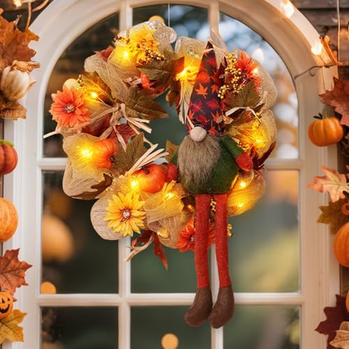 Herbstdeko Türkranz, 43cm Künstlich Herbst Dekoration Ahornblätter Girlande draußen inne mit LED Light, Herbst Vogelscheuchen Zwerg Hängend Türkranz for Dekoration Haustür (A) von Ferakum