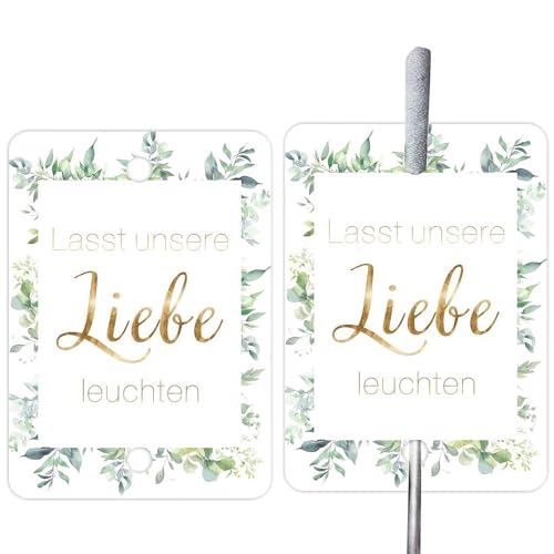 Ferizzia 100 Stück Wunderkerzen Etiketten Hochzeit, Hochzeitsdeko mit Lasst Unsere Liebe Leuchten, Wunderkerzen Wedding, Knicklichter Wedding, Sternspritzer Hochzeit, Party Hochzeitsdeko Zubehör von Ferizzia