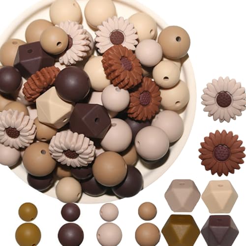 Ferizzia 64 Stück Generic Silikonperlen Set, DIY Gänseblümchen Bastelperlen, Blumen Silikonperlen Set, für Schlüsselanhänger, Schmuckherstellung, Halsketten, Armbänder, Dekorationen (Braun) von Ferizzia