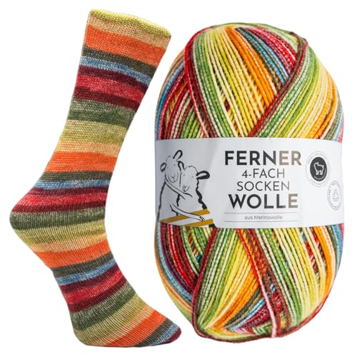 FERNER WOLLE Lungauer Sockenwolle 4-Fach Merino 48-73 - Regenbogen Grün-Rot von Ferner Wolle