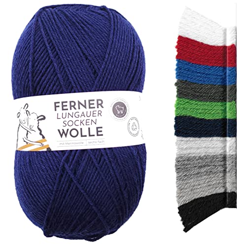 [99,33€/kg] Ferner Wolle Lungauer Sockenwolle 6fach uni | mit Merinowolle mulesingfrei | Sockengarn 6-fädig einfarbig | dicke Strumpfwolle zum Stricken oder Häkeln | 150g 425m (LU6-35 marine blau) von Ferner Wolle