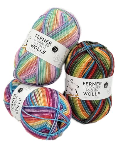 Ferner Wolle Lungauer Sockenwolle 4-fädig Trio Regenbogen Pastell Bunt, 3x100g mulesingfreies Sockengarn 4-fach, 75% Wolle, 25% Polyamid, Strumpfwolle Paket Stricken und Häkeln von Ferner Wolle