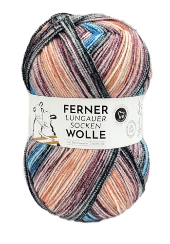 Ferner Wolle Lungauer Sockenwolle 6-fach, bunte Strumpfwolle 6-fädig, Sockengarn mit Merinowolle und Farbverlauf, 150 g, Nadelstärke 3 bis 4 mm (762/24) von Ferner Wolle