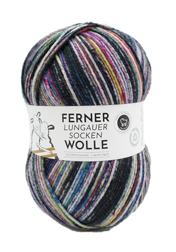 Ferner Wolle Lungauer Sockenwolle 6-fach, bunte Strumpfwolle 6-fädig, Sockengarn mit Merinowolle und Farbverlauf, 150 g, Nadelstärke 3 bis 4 mm (825/25) von Ferner Wolle