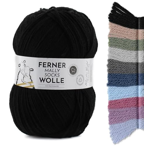 Ferner Wolle Mally Socks Uni Merino Sockenwolle Merinowolle mulesingfrei 150g 450m Nadelstärke 3-4mm (M1 - schwarz) von Ferner Wolle