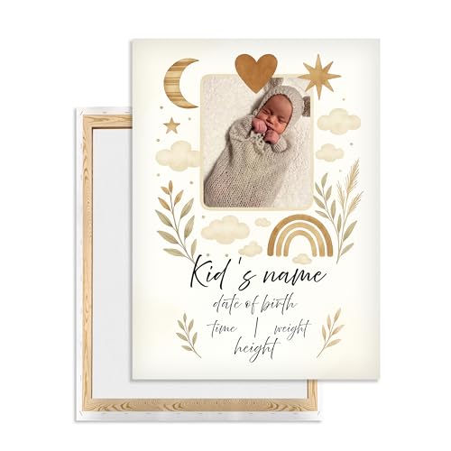 Ferocity Personalisiertes Geburtsbild 30 x 40 cm Geburtsanzeige Leinwand mit Foto & Geburtsdaten | Wanddeko fürs Babyzimmer | Geschenk zur Geburt Taufe Babyshower für Mädchen Motiv Regenbogen [128] von Ferocity