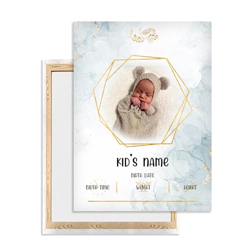 Ferocity Personalisiertes Geburtsbild 40 x 60 cm Geburtsanzeige Leinwand mit Foto & Geburtsdaten | Wanddeko fürs Babyzimmer | Geschenk zur Geburt Taufe Babyshower für Jungen Motiv Heksagon [128] von Ferocity