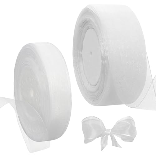 2 Rollen Organzaband Weiß 45m Organza Bänder, 2cm/4cm Breit Geschenkband Weiss, Schimmernd Schleifenband, Transparent Dekoband für Party Hochzeit Geschenke Basteln Dekoration von FerraDrend