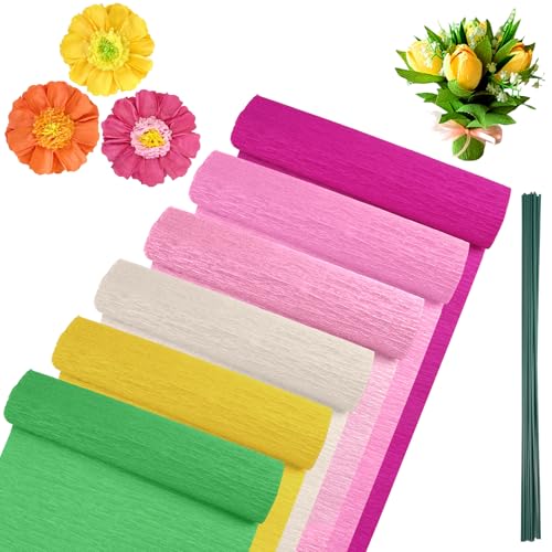6 Farben Krepppapier,25x250 cm Krepppapier Bunt mit 10 Blumendraht,Krepp Rollen,Floristenkrepp,Krepppapier Blumen Basteln,Bastelkrepp Farbig Deko,Bunt zum Basteln Dekorieren Crepe Paper (Pinke Serie) von FerraDrend