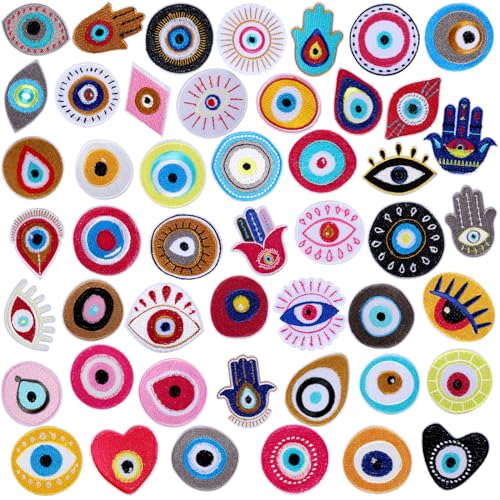 Ferraycle 48 Stück Böser Blick-Stickerei-Flicken Hamsa Hand Herz Mond zum Aufnähen oder Aufbügeln, bestickte Applikation, Reparaturflicken, Bastelzubehör, Geschenke für Kleidung, Jacken, Jeans, von Ferraycle