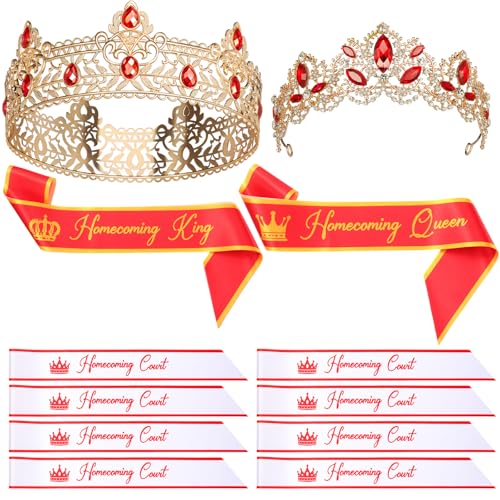 Ferreve 12-teiliges Heimkehr-Schärpen und Kronen Set Homecoming König und Königin Krone Metall Tiara Royal Prom Court Schärpe für Männer Frauen Universität Party Zubehör (Rot) von Ferreve