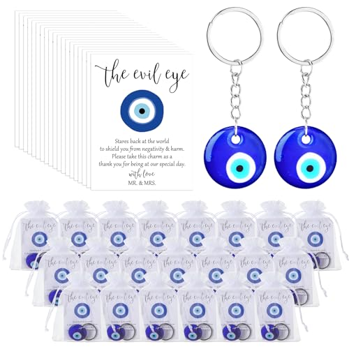 Ferreve 25-teiliges Set Hochzeitsgeschenke für Gäste, Großpackung blauer böser Blick, Schlüsselanhänger für Glück, Hochzeitswünsche, Karten, Organzabeutel, Bach, böser Blick, Anhänger für Party von Ferreve