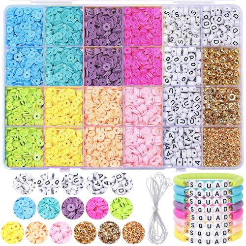Ferreve 2900 Stück Tonperlen, Armband-Schmuckherstellungs-Set für Mädchen und Kinder, flache, adrette Abstandshalter für Freundschaft, adrette Sachen für Mädchen, 10–12 Perlen für Armbänder zur von Ferreve