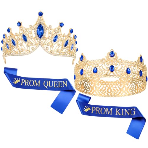 Ferreve 4-teiliges Diadem, Kronen und Schärpen für Abschlussball, König und Königin, für Abschlussball und Königin, für 80er-Jahre-Ball-Partygeschenke (blau) von Ferreve