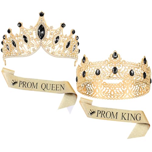Ferreve 4-teiliges Diadem, Kronen und Schärpen für Abschlussballkönig und Königin, Diadem, Schärpe für 80er-Jahre-Ball-Partygeschenke (schwarz) von Ferreve