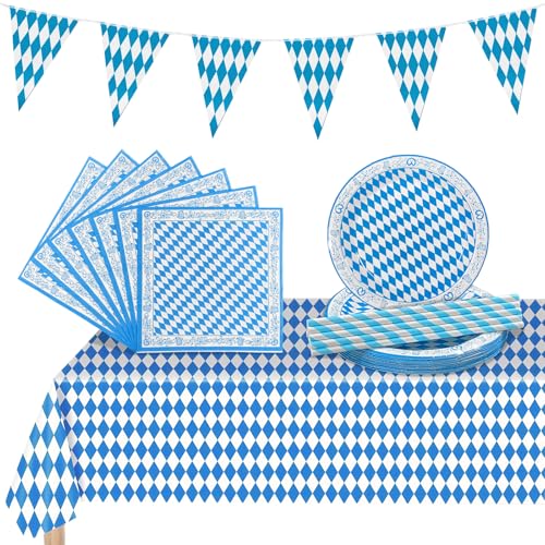 Oktoberfest Deko Set,62 Stück Oktoberfest Party Dekoration mit Servietten Tischdecke Wimpel Pappteller Strohhalm für Bierfest Grillparty Bierzelten (Stil 1) von Feruchun