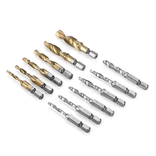12pcs Titan -Plattierh -Tap -Bohrer, Rostbezogene und Rostbezogene Härte, Spiralflöten -Chip -Clearing, Metrik- und Zentimeterstandards, Bohrungen und Klopfen mit Hex -Schaft, von Fesjoy