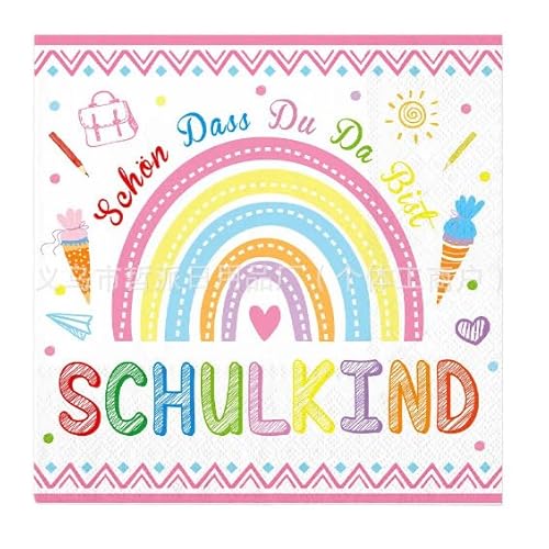 Fesnova 20 Stück Schulkind Servietten mit Regenbogen Design, Servietten Regenbogen,Regenbogen Servietten,Servietten Einschulung für servietten schulanfang Party-Deko für Einschulung von Fesnova