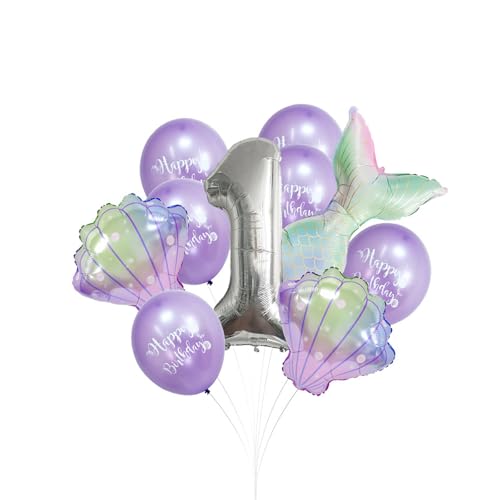Fesnova Meerjungfrau Deko Kindergeburtstag, 32 Zoll Silber Nummer 1, 10 Meerjungfrauen Luftballons für 1. Geburtstagsparty von Mädchen, Meerjungfrau Meer Thema, Lila (Nummer 1) von Fesnova
