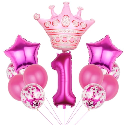 Fesnova Folienballon 1 Rosa Geburtstagsdeko, 32 Zoll rosa Ballon mit der Zahl 1, Geburtstagsparty von Mädchen, Luftballon 1. Geburtstag, Folienballons in Kronenform, 12 Stück(Nummer 1). von Fesnova