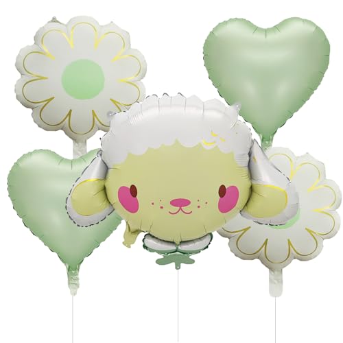 Fesnova 5 Stück Schaf Aluminium Folienballons Set, Salbeigrün Schaf Folienballon, Herz, Blumen Ballon für Kinder Geburtstag Party Deko, Babyparty, Scheunenhof Themengeburtstag, Hochzeit von Fesnova