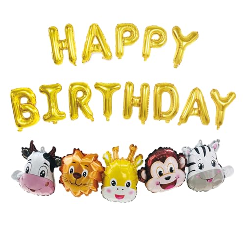 Fesnova Folienballon Animals,Luftballons Tiere,Dschungel Tierballons,Animal Head Luftballons und Happy Birthday Banner Kit(Gold),Tiere Kindergeburtstag,Perfekt für Kinder Geburtstag Party Dekoration von Fesnova