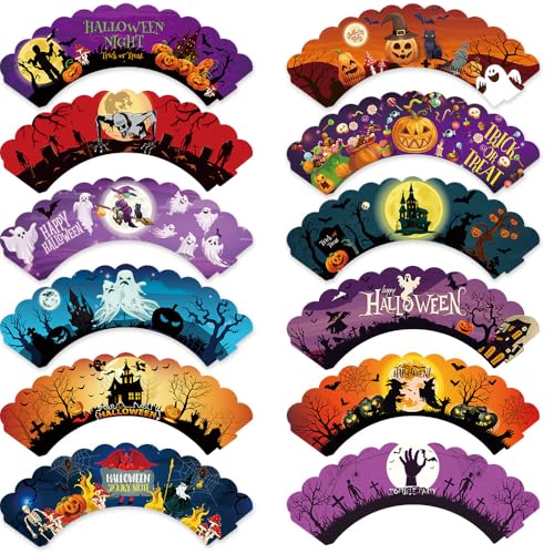 Fesnova Halloween Cupcake Wrapper, 12 Stück Gruselige Motive, Kürbis Geist Hexe Fledermaus Deko, Mehrfarbig Fesnova Halloween Cupcake Wrapper, 12 Stück Gruselige Motive, Kürbis Geist Hexe Fledermaus Deko, Mehrfarbig von Fesnova