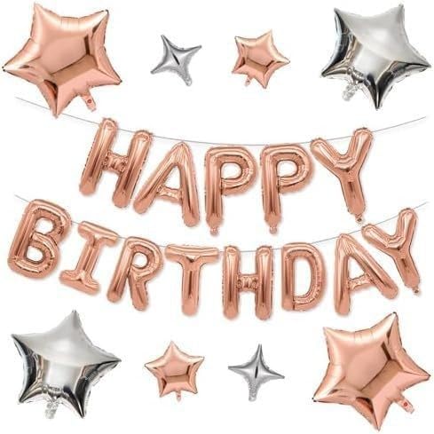 Fesnova Happy Birthday Luftballons Rosegold Banner Set,mit Stern Ballons,Happy Birthday Girlande Roségold und Silber Geburtstag Party Dekoration für Kind Erwachsene Jungen Mädchen alles Gute von Fesnova